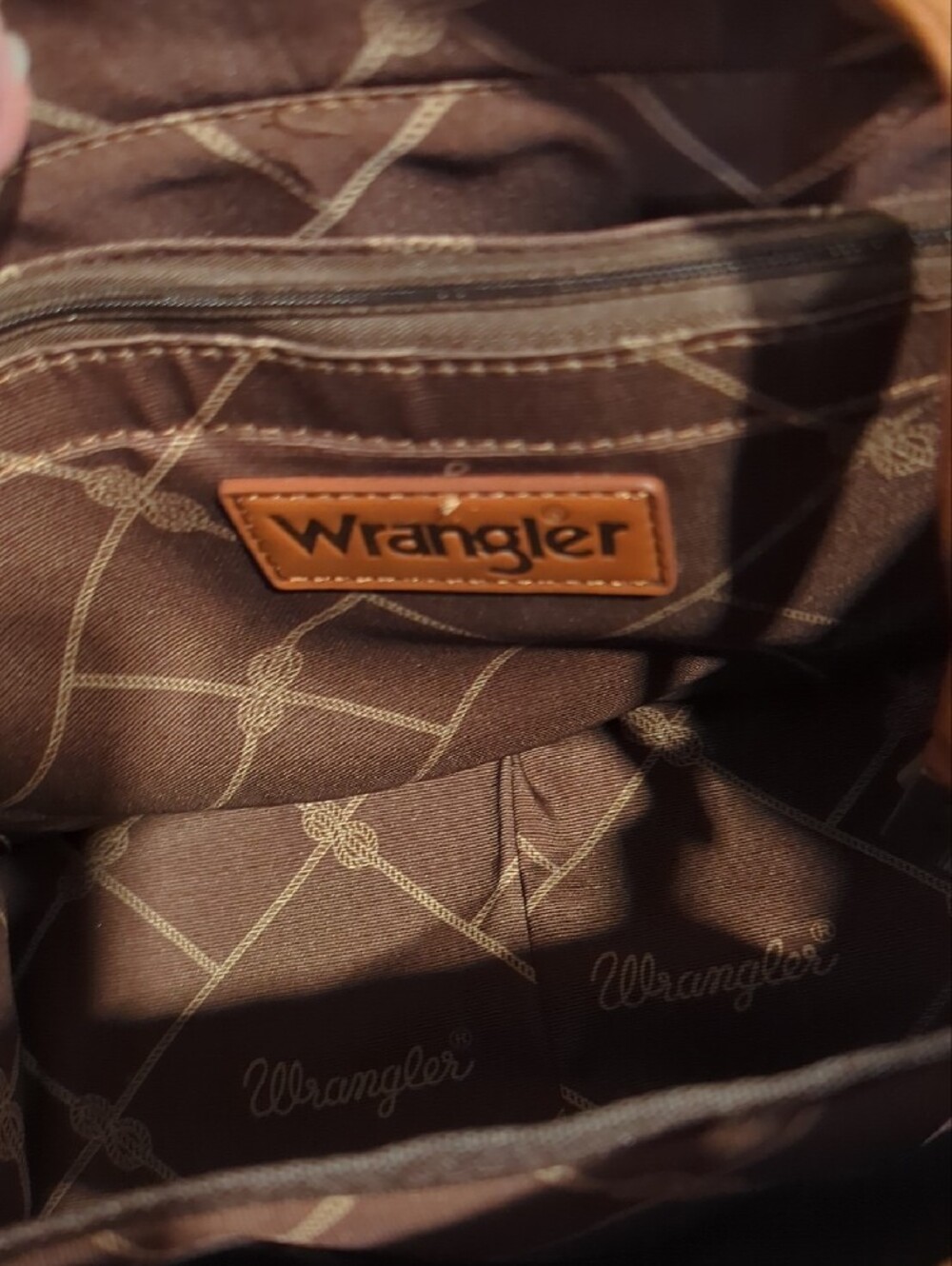 Wrangler Gray and White Aztec Canvas Tote with Brown Trim and Strap - Picture 7 of 12